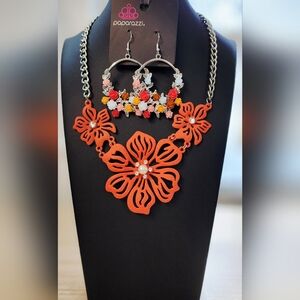 Paparazzi Vibrant Orange Floral Necklace Set